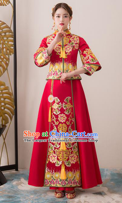 Chinese Traditional Bride Embroidered Peony Cheongsam Ancient Handmade Xiuhe Suits Wedding Dress for Women