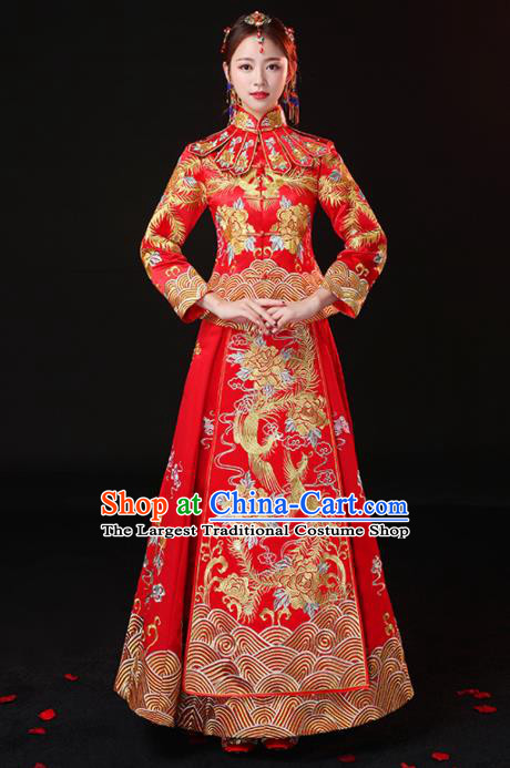 Chinese Traditional Embroidered Peony Cheongsam Ancient Bride Handmade Xiuhe Suits Wedding Dress for Women