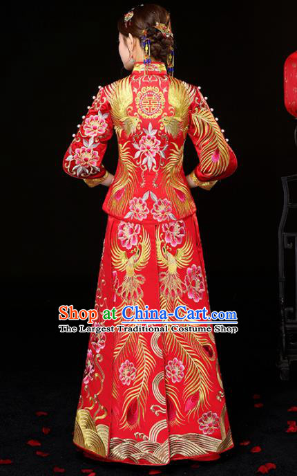 Chinese Traditional Embroidered Phoenix Peony Cheongsam Ancient Bride Handmade Xiuhe Suits Wedding Dress for Women