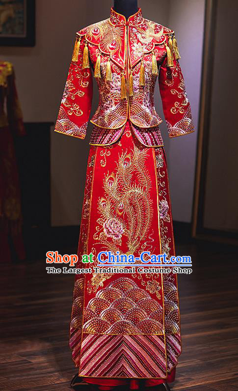 Chinese Traditional Embroidered Phoenix Cheongsam Ancient Bride Handmade Xiuhe Suits Wedding Dress for Women