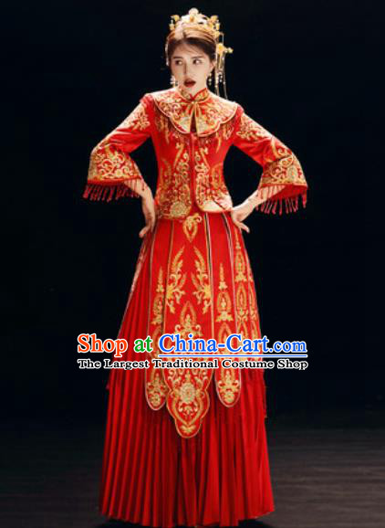 Chinese Traditional Embroidered Red Wedding Dress Cheongsam Ancient Bride Handmade Xiuhe Suits Costumes for Women