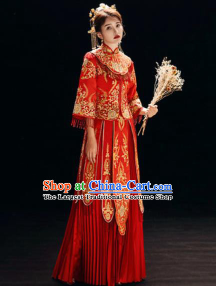 Chinese Traditional Embroidered Red Wedding Dress Cheongsam Ancient Bride Handmade Xiuhe Suits Costumes for Women