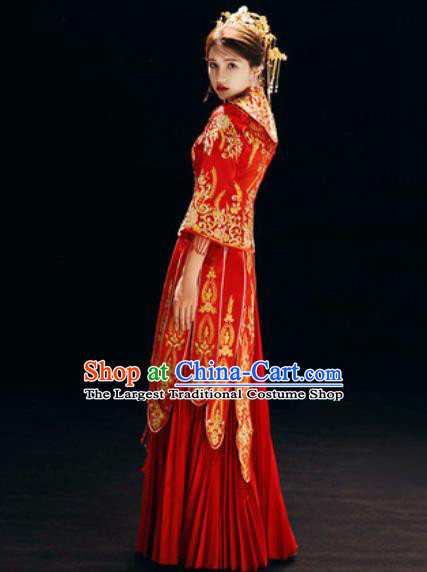 Chinese Traditional Embroidered Red Wedding Dress Cheongsam Ancient Bride Handmade Xiuhe Suits Costumes for Women