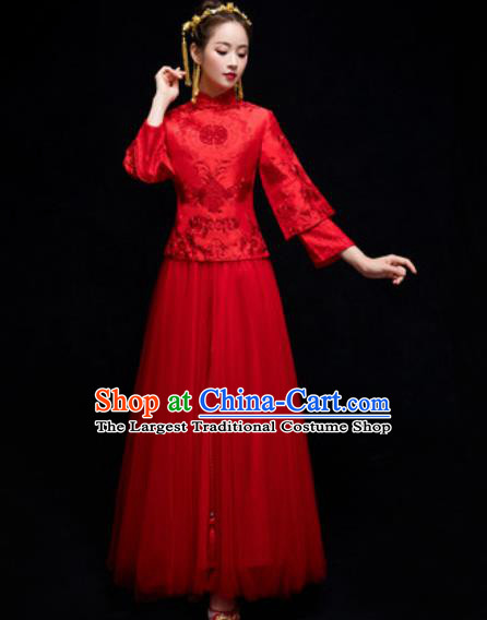 Chinese Traditional Wedding Dress Embroidered Red Cheongsam Ancient Bride Handmade Xiuhe Suits Costumes for Women