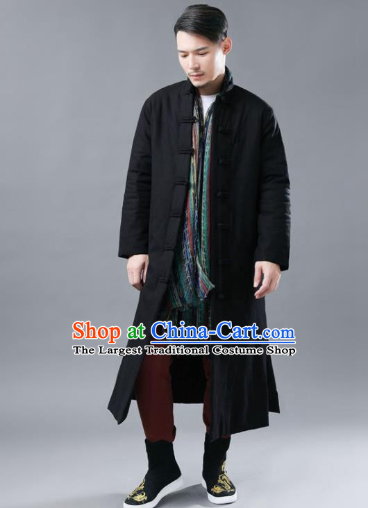 Chinese Traditional Costume Tang Suits National Mandarin Black Cotton Padded Long Coat for Men