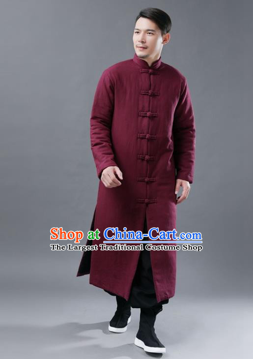 Chinese Traditional Costume Tang Suits National Mandarin Wine Red Cotton Padded Long Coat for Men