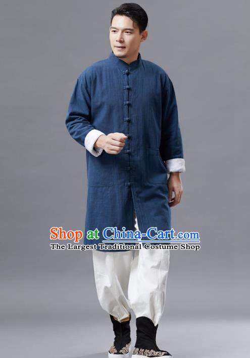 Chinese Traditional Costume Tang Suit Navy Shirts National Mandarin Gown for Men