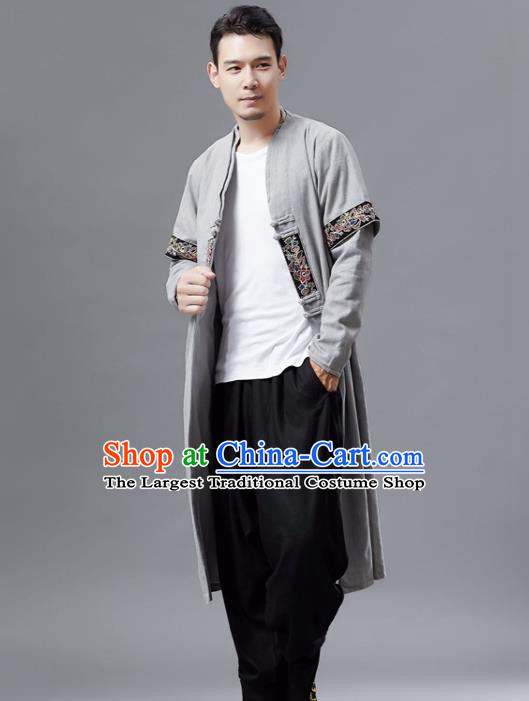 Chinese Traditional Costume Tang Suit Grey Dust Coat National Mandarin Gown for Men