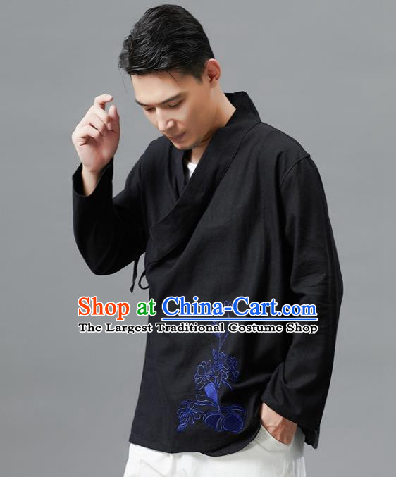 Chinese Traditional Costume Tang Suit Black Shirts National Mandarin Outer Garment for Men
