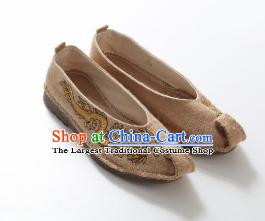 Chinese Traditional Martial Arts Shoes Kung Fu Shoes Embroidered Dragon Beige Linen Monk Shoes for Men