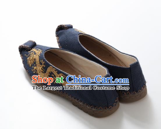 Chinese Traditional Martial Arts Shoes Kung Fu Shoes Embroidered Dragon Navy Linen Monk Shoes for Men