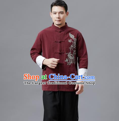 Chinese Traditional Costume Tang Suit Red Linen Shirts National Mandarin Outer Garment for Men