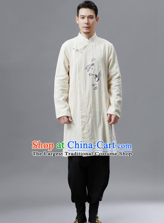Chinese Traditional Costume Tang Suit White Gown National Mandarin Outer Garment for Men
