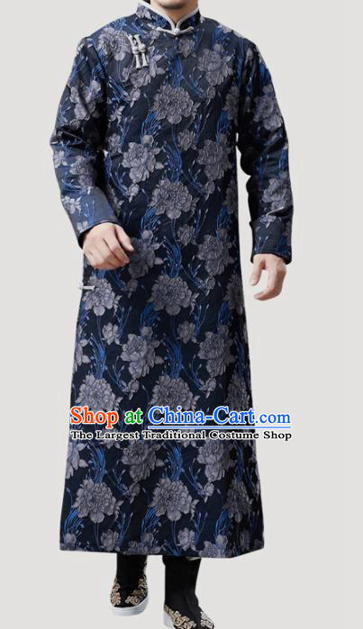 Chinese Traditional Costume Tang Suit Navy Gown National Mandarin Robe for Men