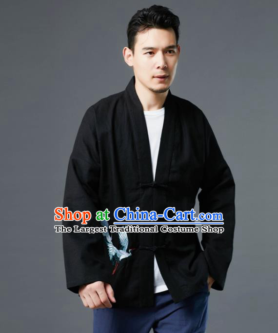 Chinese Traditional Costume Tang Suit Embroidered Cranes Black Shirts National Mandarin Jacket for Men