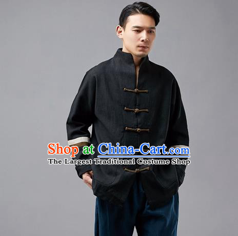 Chinese Traditional Costume Tang Suit Black Overcoat National Mandarin Jacket for Men