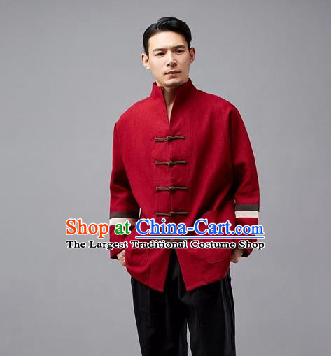 Chinese Traditional Costume Tang Suit Red Overcoat National Mandarin Jacket for Men
