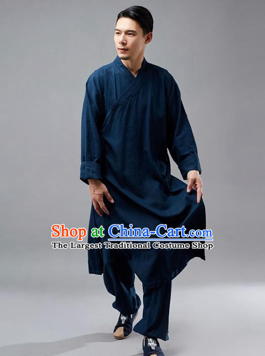 Chinese Traditional Costume Tang Suit Martial Arts Navy Robe National Mandarin Gown for Men