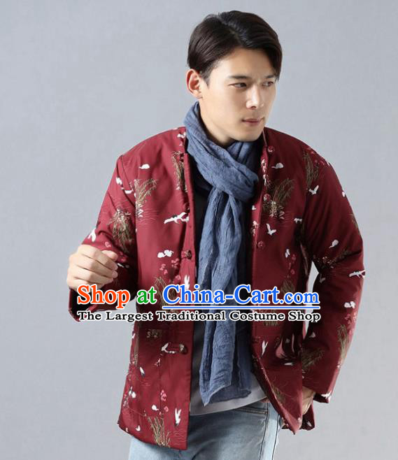 Chinese Traditional Costume Tang Suit Red Cotton Padded Jacket National Mandarin Overcoat for Men