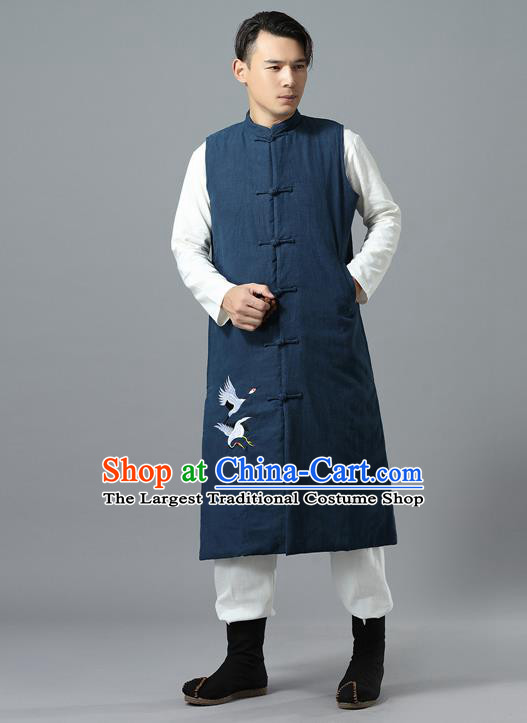 Chinese Traditional Costume Tang Suit Navy Cotton Padded Vest National Mandarin Overcoat for Men