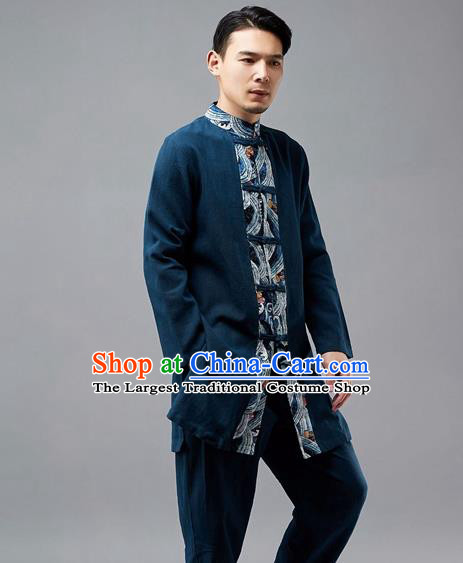 Chinese Traditional Costume Tang Suit Navy Coat National Mandarin Jacket for Men