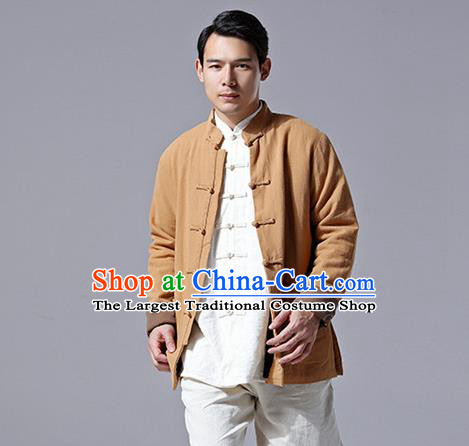 Chinese Traditional Costume Tang Suit Overcoat National Mandarin Khaki Jacket for Men