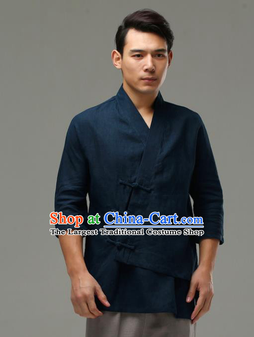 Chinese Traditional Costume Tang Suit Navy Shirt National Mandarin Upper Outer Garment for Men