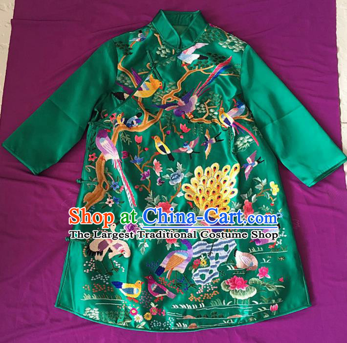 Chinese Traditional Costume Tang Suit Embroidered Green Qipao National Silk Cheongsam for Women