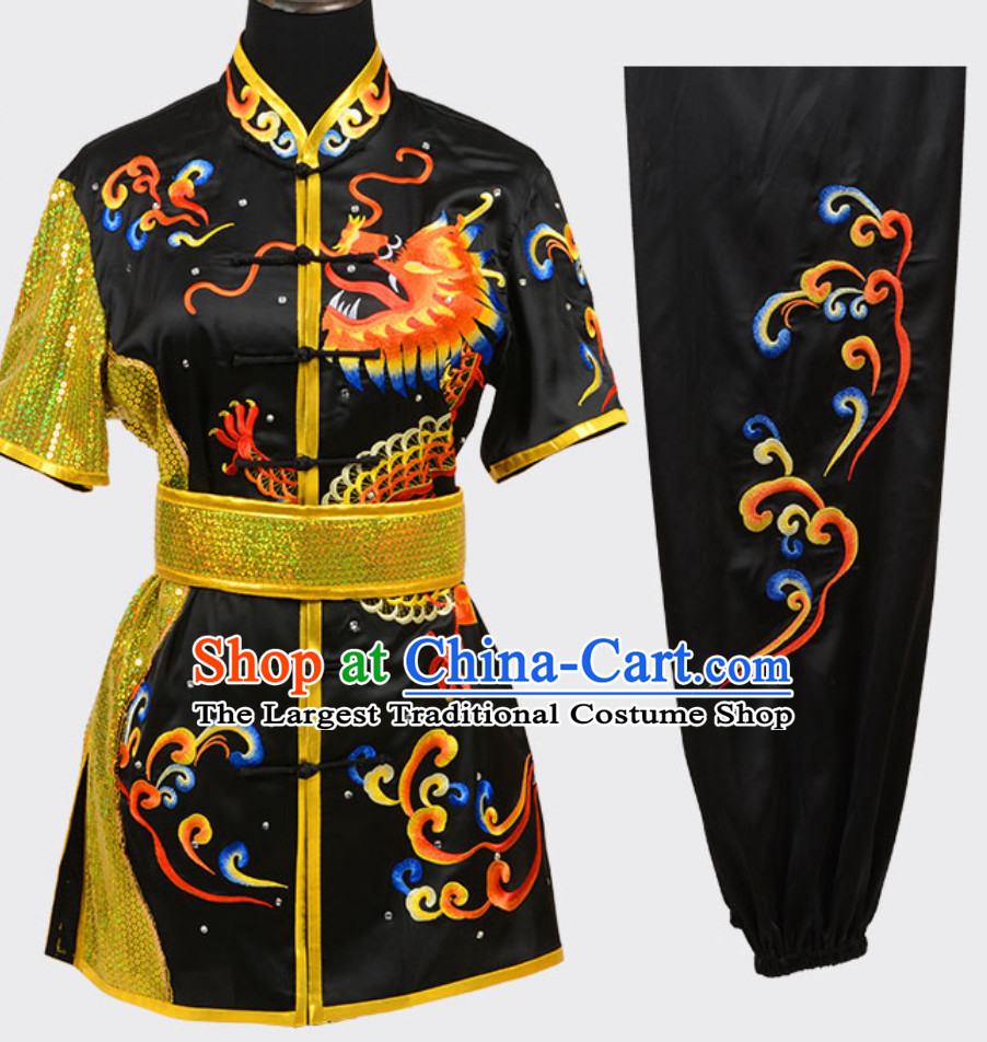 Black Top Short Sleeves Asian Embroidered Dragon Tai Chi Clothes Martial Arts Uniform Complete Set for Men or Women