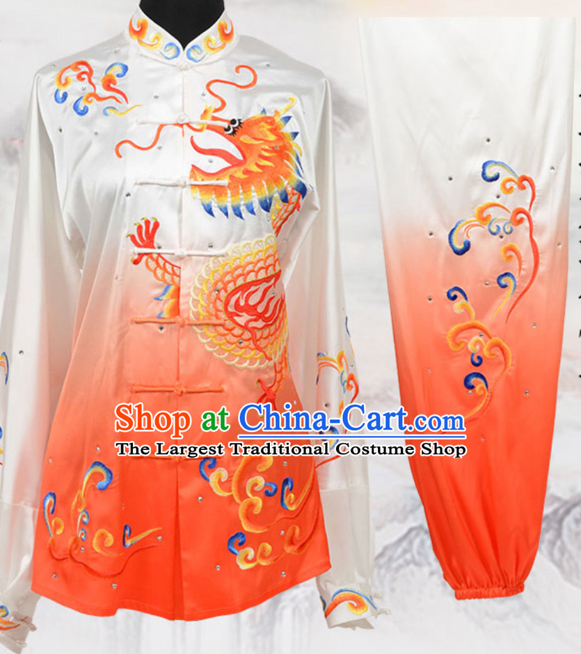 Color Transition Top Chinese Embroidered Dragon Taiji Outfits Martial Arts Uniforms Complete Set for Men or Women