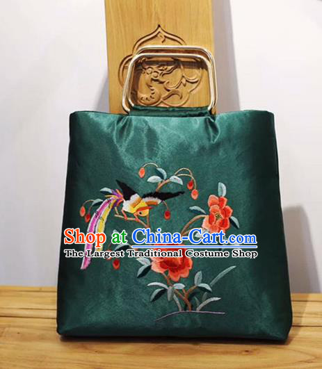 Chinese Traditional Handmade Embroidery Craft Embroidered Peony Green Handbag
