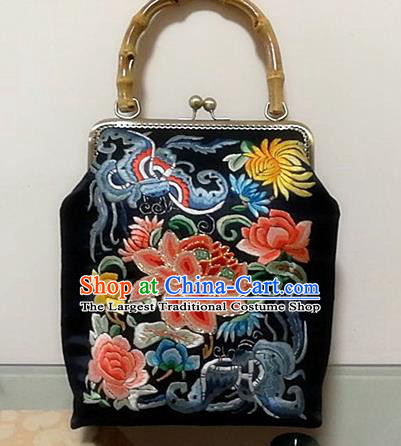 Chinese Traditional Handmade Embroidery Craft Embroidered Peony Black Handbag
