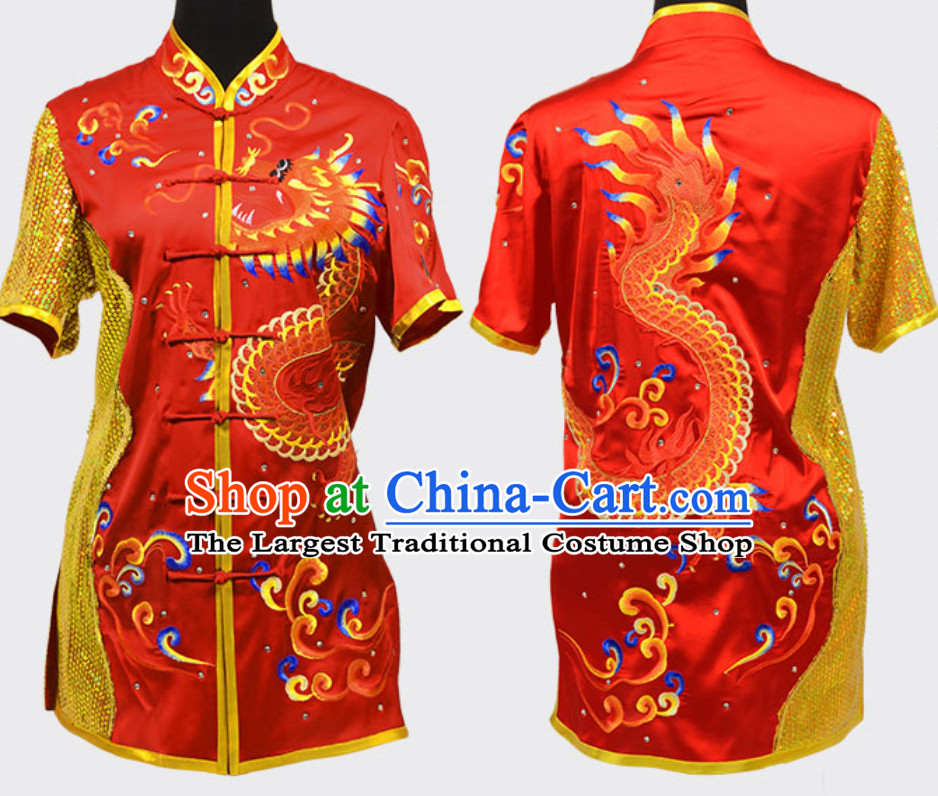 Black Top Short Sleeves Asian Embroidered Dragon Tai Chi Clothes Martial Arts Uniform Complete Set for Men or Women