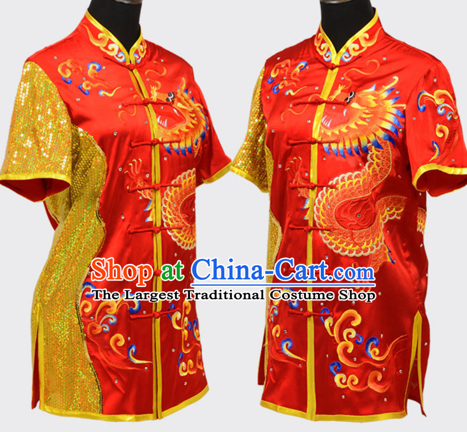 Black Top Short Sleeves Asian Embroidered Dragon Tai Chi Clothes Martial Arts Uniform Complete Set for Men or Women