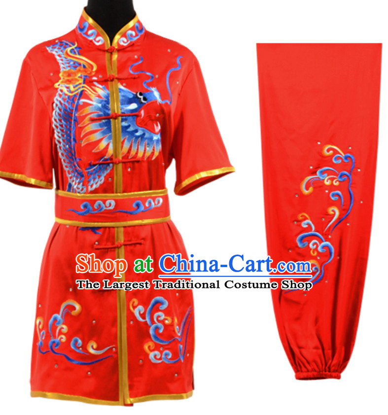Lucky Red Top Short Sleeves Chinese Embroidered Dragon Tai Chi Outfit Martial Arts Uniforms Complete Set for Men or Women