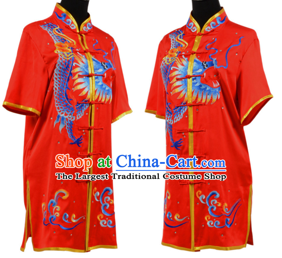 Lucky Red Top Short Sleeves Chinese Embroidered Dragon Tai Chi Outfit Martial Arts Uniforms Complete Set for Men or Women