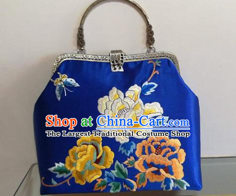 Chinese Traditional Embroidered Peony Blue Handbag Handmade Embroidery Craft