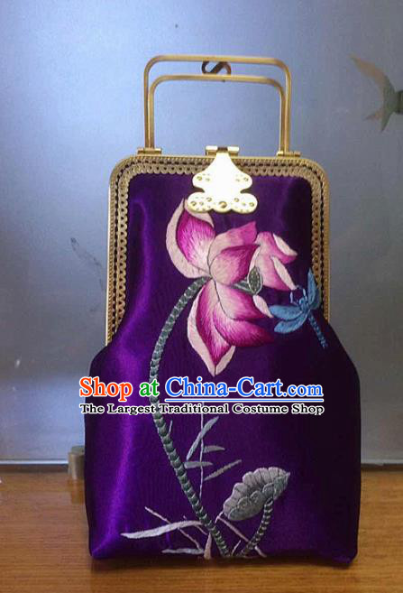 Chinese Traditional Embroidered Lotus Purple Handbag Handmade Embroidery Craft Silk Bags