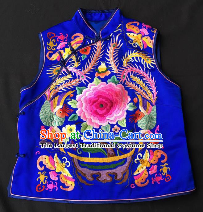 Chinese Traditional Silk Costume Tang Suit Embroidered Peony Royalblue Vest for Women
