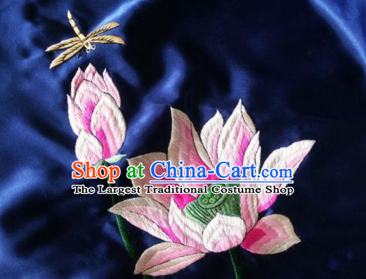 Asian Chinese Traditional Embroidered Lotus Navy Silk Patches Handmade Embroidery Craft