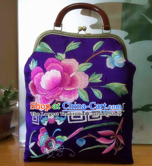 Chinese Traditional Embroidered Peony Purple Handbag Handmade Embroidery Craft Silk Bags