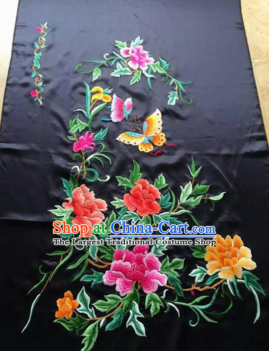 Chinese Traditional Embroidered Black Cloth Patches Handmade Embroidery Butterfly Peony Craft Silk Fabric