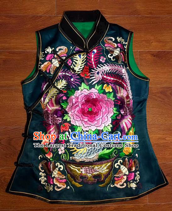 Chinese Traditional Silk Costume Tang Suit Embroidered Peony Black Vest for Women