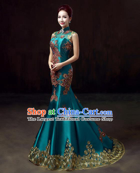 Chinese Traditional Costumes Elegant Embroidered Peacock Cheongsam Full Dress for Women
