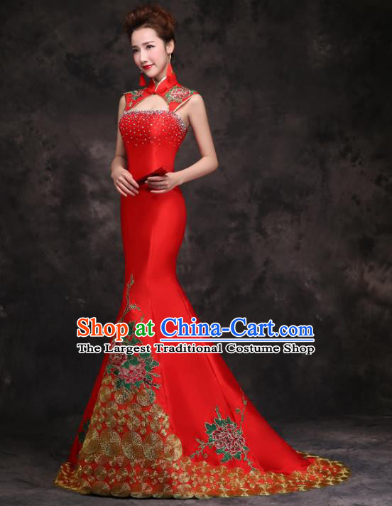 Chinese Traditional Costumes Elegant Embroidered Peony Red Cheongsam Full Dress for Women