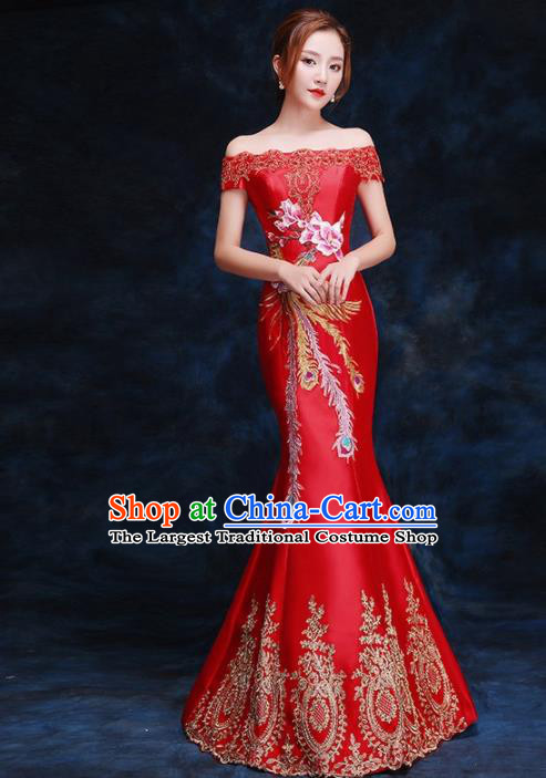 Chinese Traditional Costumes Elegant Embroidered Phoenix Full Dress Wedding Qipao Dress for Women