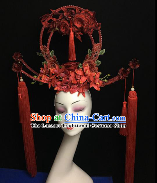 Top Halloween Hair Accessories Chinese Traditional Catwalks Red Flowers Tassel Headdress for Women