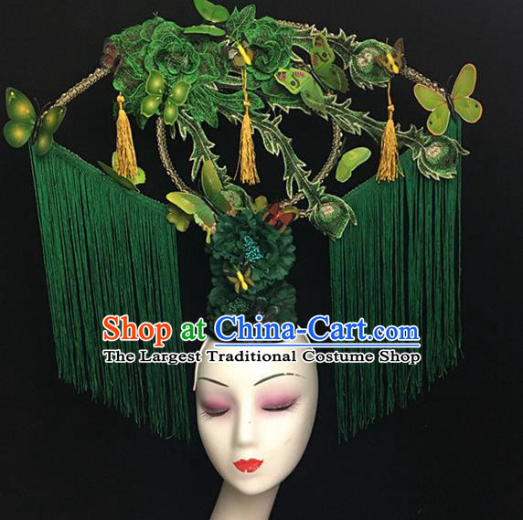 Top Halloween Hair Accessories Chinese Traditional Catwalks Green Tassel Headdress for Women