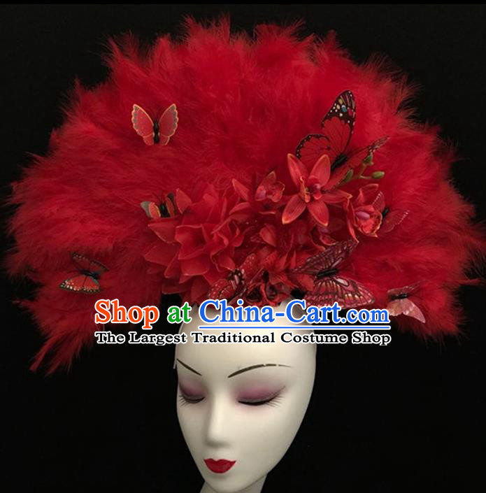 Top Halloween Hair Accessories Chinese Traditional Catwalks Red Feather Fan Headdress for Women