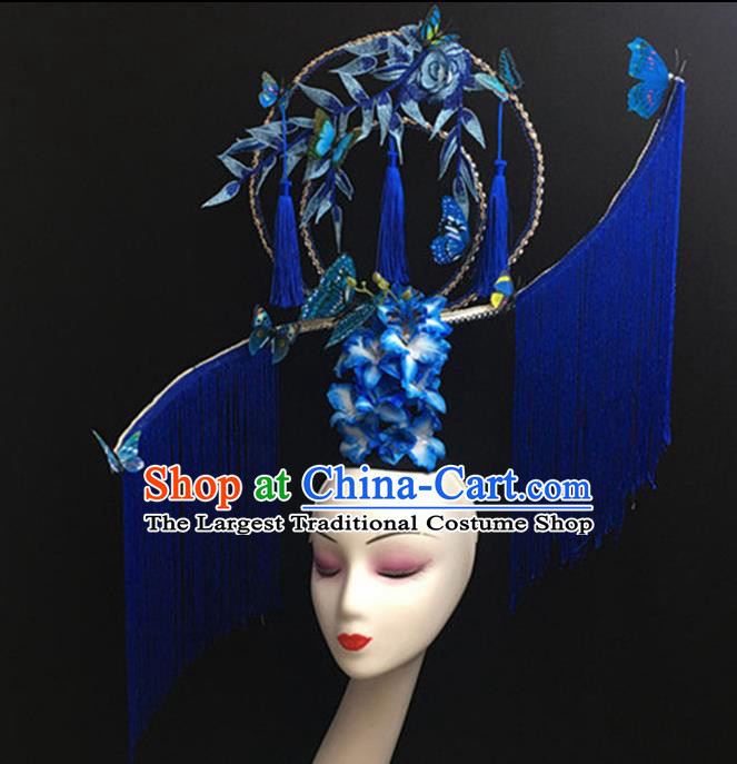 Top Halloween Royalblue Tassel Hair Accessories Chinese Traditional Catwalks Giant Headpiece for Women